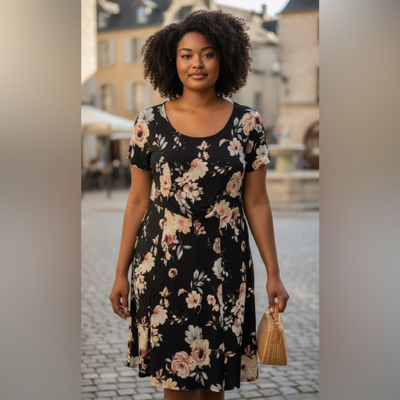 Laura Plus Fit & Flare Dress Size 14 Black Floral Figure Flattering NWT Holiday - Picture 1 of 11